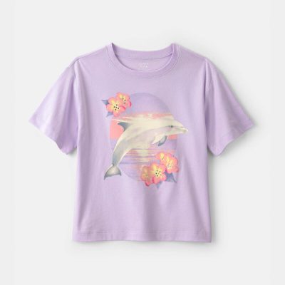 Girls Floral Dolphin Oversized Graphic Tee - Purple