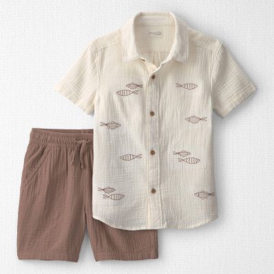 Boys 2-Piece Organic Cotton Gauze Embroidered Top & Short Set