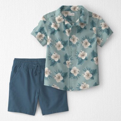 Boys 2-Piece Linen Top & Short Set Made with Organic Cotton in in Blue Hibiscus