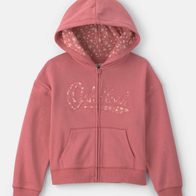 Girls Floral OshKosh Logo Fleece Zip-Up Hoodie - Pink
