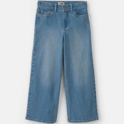 Girls Rainbow Stripe Cropped Wide-Leg Jeans - Medium Wash