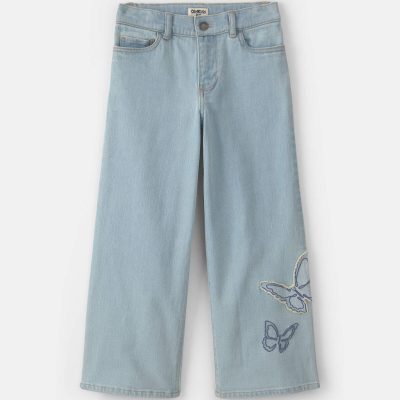 Girls Butterfly Cropped Wide-Leg Jeans - Light Wash