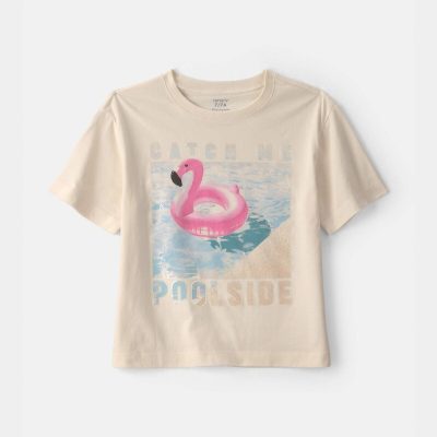 Girls 'Catch Me Poolside' Flamingo Oversized Graphic Tee - Cream