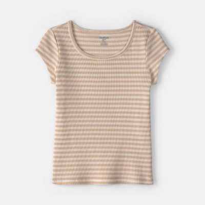 Girls Stripe Ribbed Top - Brown/Ivory