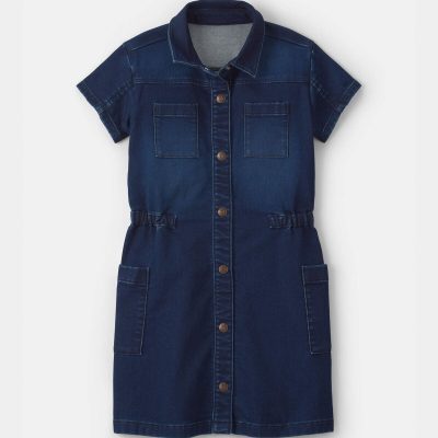 Girls Denim Button-Up Utility Dress - Dark Wash