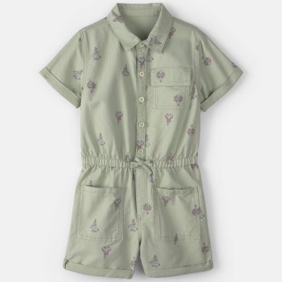 Girls Floral Cargo Romper - Green