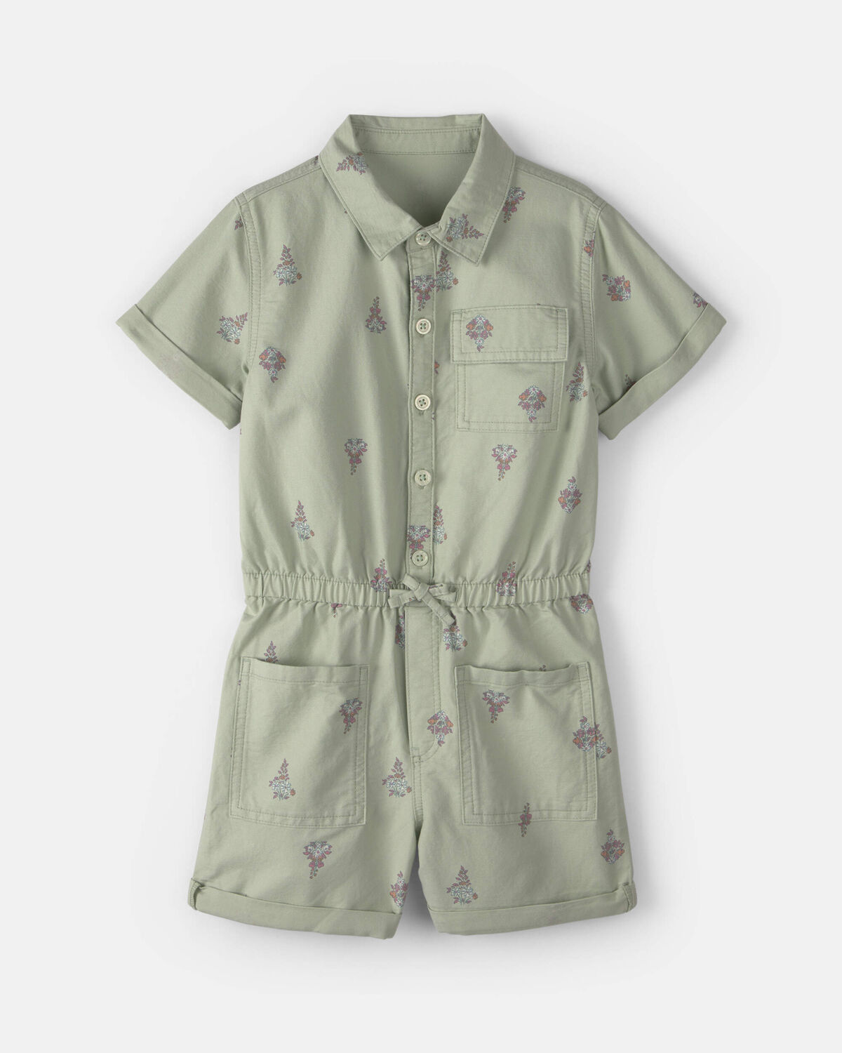 Girls Floral Cargo Romper - Green