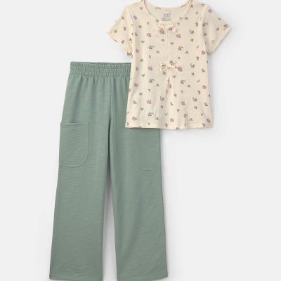 Girls 2-Piece Floral Short-Sleeve Top & Pant Set - Cream/Green
