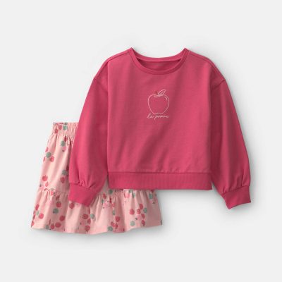 Girls 2-Piece Apple French Terry Long-Sleeve Top & Skort Set - Pink