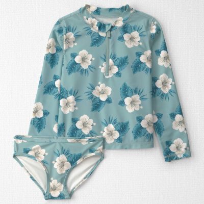 Girls 2-Piece Recycled Rashguard Swimsuit Set in Blue Hibiscus