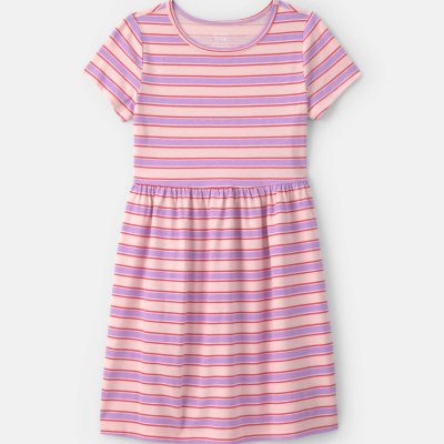 Girls Striped Short-Sleeve Dress - Pink