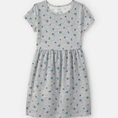 Girls Floral Short-Sleeve Dress - Grey