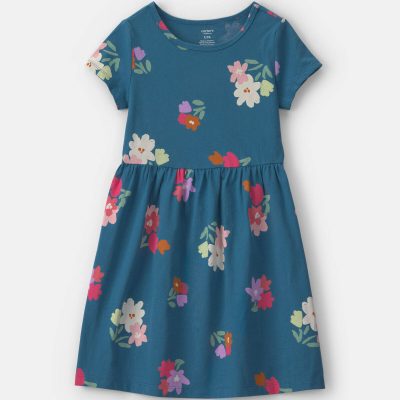 Girls Floral Short-Sleeve Dress - Navy Blue