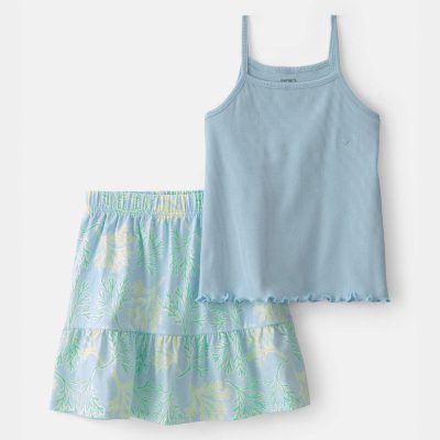 Girls 2-Piece Tropical Floral Tank Top & Skirt Set - Blue