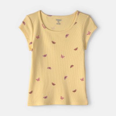 Girls Butterfly Ribbed Top - Yellow