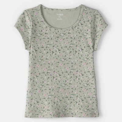 Girls Floral Ribbed Top - Green