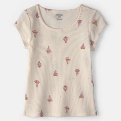Girls Floral Ribbed Top - Cream