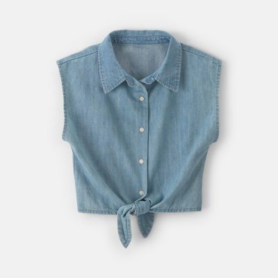 Girls Cropped Denim Tie-Front Top - Blue