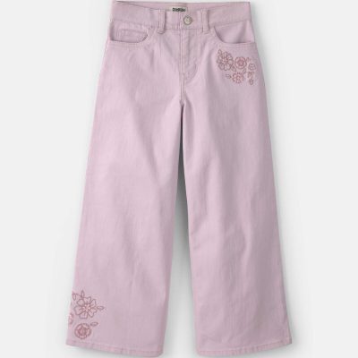 Girls Floral Embroidered Cropped Wide-Leg Pants - Purple