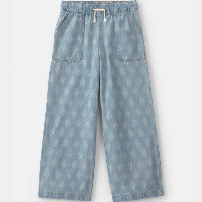Girls Chambray Floral Pull-On Pants - Light Wash