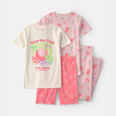 Girls 'Sunrise Club' Fruit 100% Cotton 4-Piece Pajama Set - Pink