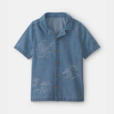 Boys Tropical Denim Short-Sleeve Button-Down Shirt - Medium Wash