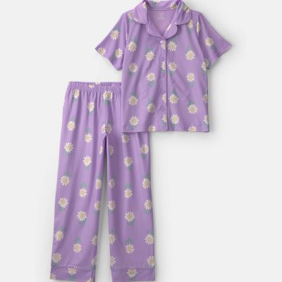Girls Flower Short-Sleeve 2-Piece Pajama Set - Purple
