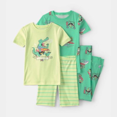 Boys Alligator Surfing 100% Cotton 4-Piece Pajama Set - Green