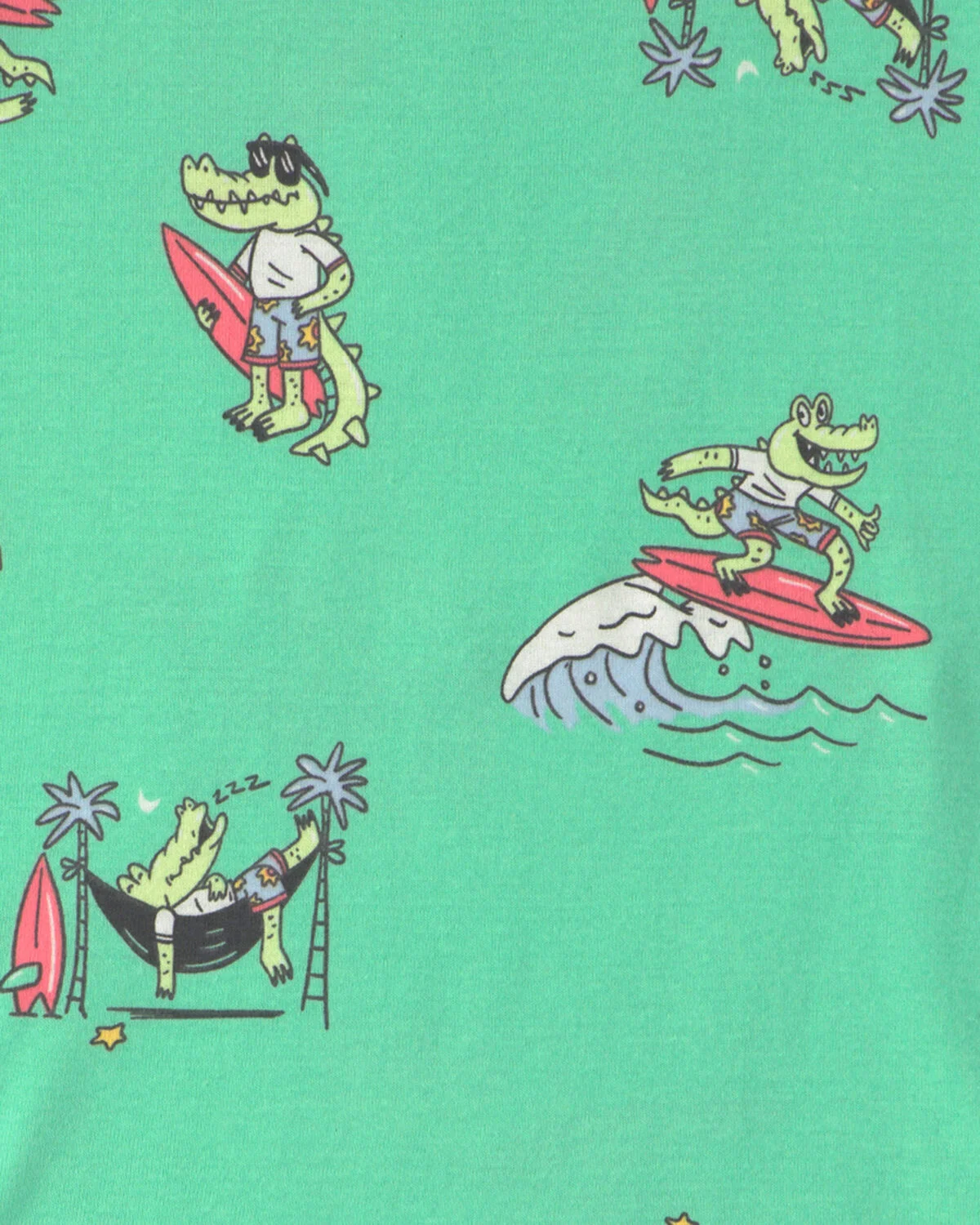 Boys Alligator Surfing 100% Cotton 4-Piece Pajama Set - Green - Image 3