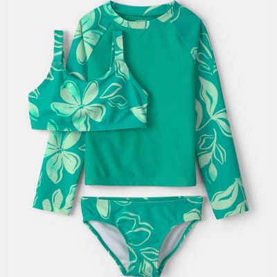 Girls 3-Piece Floral Rashguard Swimsuit Set - Green