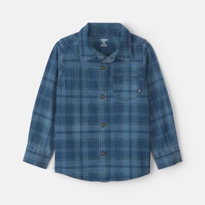 Boys Plaid Long-Sleeve Button-Down Shirt - Navy Blue