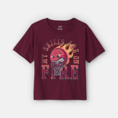Boys 'My Skills Are On Fire' Basketball Graphic Tee - Burgundy
