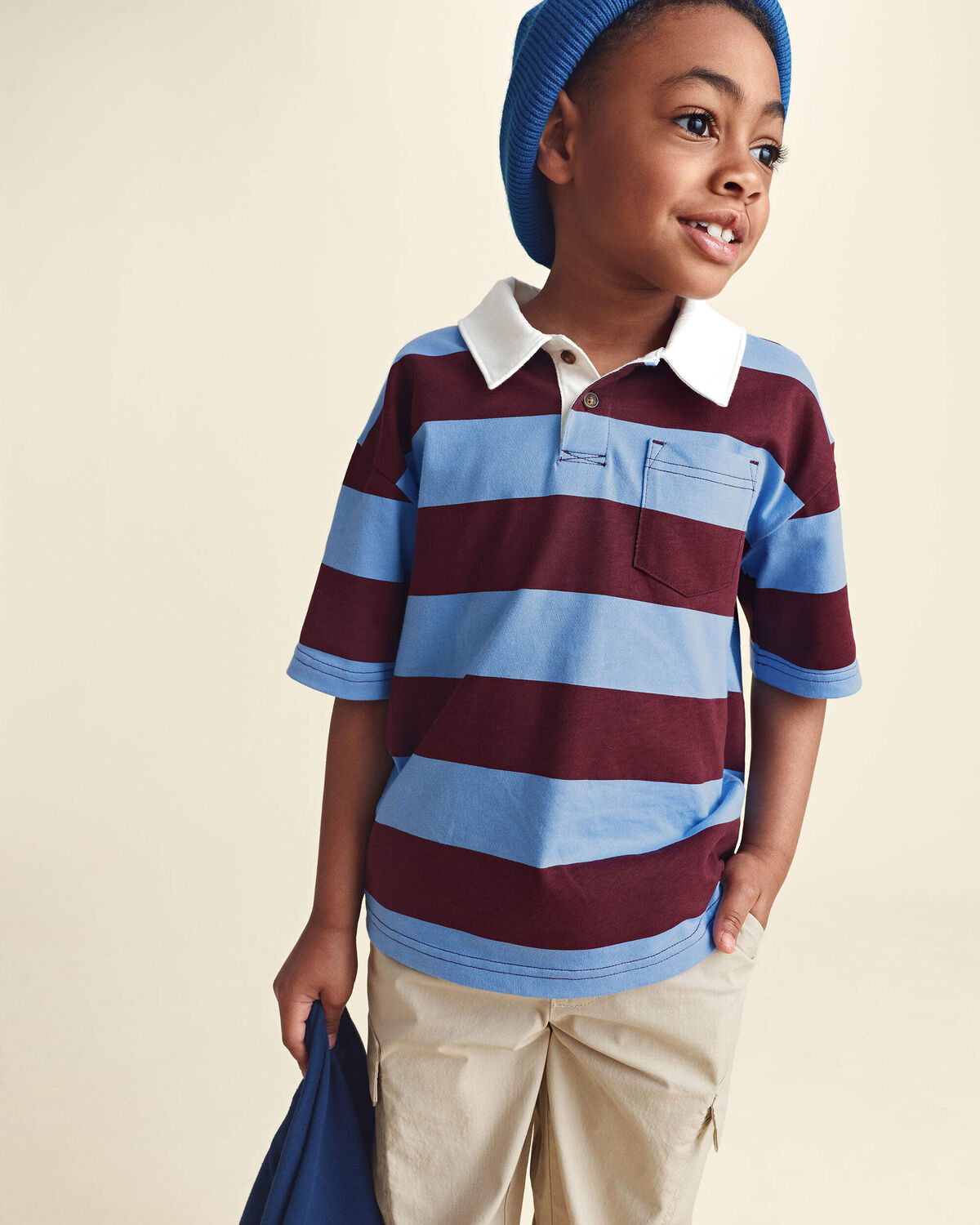 Boys Striped Polo Shirt - Burgundy/Blue - Image 2