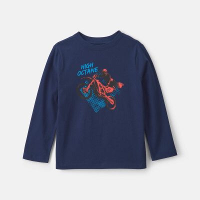 Boys 'High Octane' Motorcycle Long-Sleeve Graphic Tee - Navy Blue