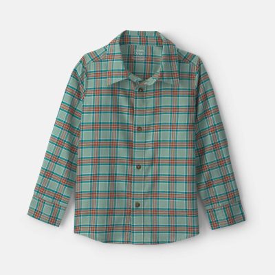 Boys Plaid Long-Sleeve Button-Down Shirt - Green