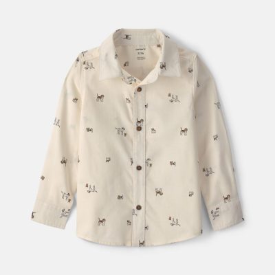 Boys Dog Long-Sleeve Button-Down Shirt - Cream