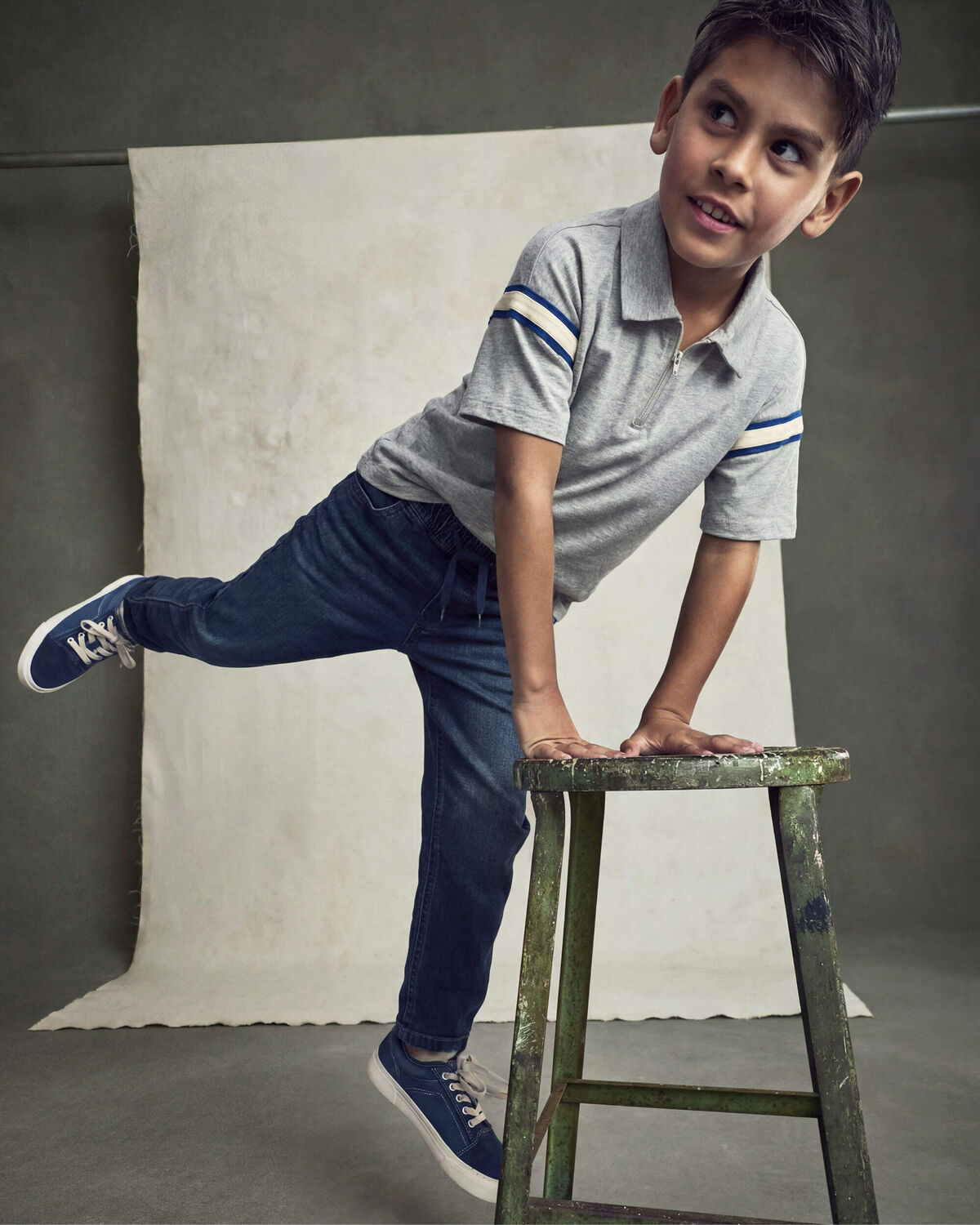 Boys Striped Polo Shirt - Grey/Navy Blue - Image 3