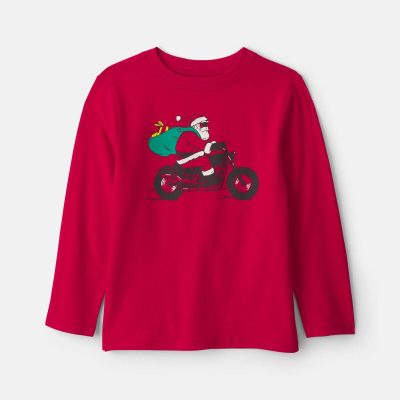 Boys Santa Motorcycle Long-Sleeve Graphic Tee - Red