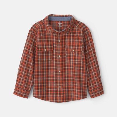 Boys Plaid Long-Sleeve Button-Down Shirt - Orange