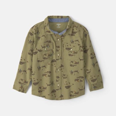 Boys Western Canvas Button-Down Shirt - Olive Green