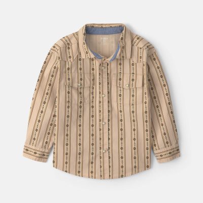 Boys Striped Canvas Button-Down Shirt - Khaki