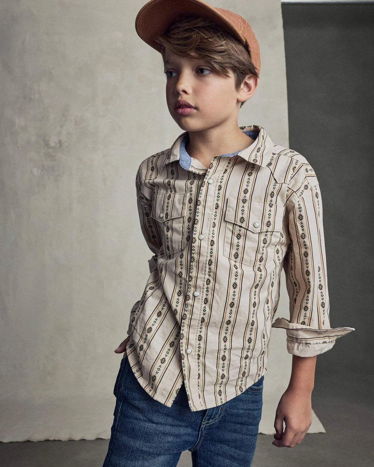 Boys Striped Canvas Button-Down Shirt - Khaki - Image 3