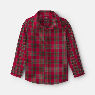 Boys Plaid Long-Sleeve Button-Down Shirt - Red/Green