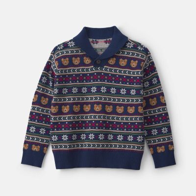 Boys Bear Fair Isle Sweater - Navy Blue
