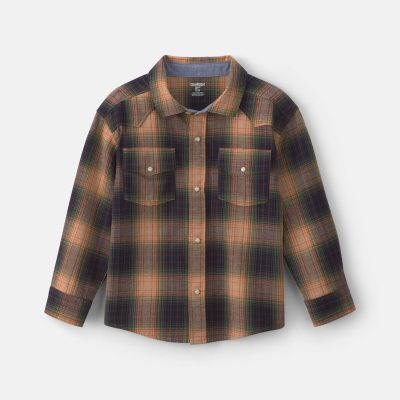 Boys Plaid Long-Sleeve Button-Down Shirt - Brown
