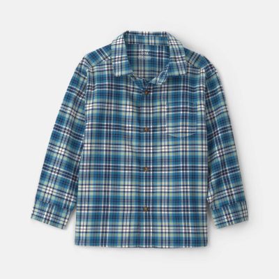 Boys Plaid Long-Sleeve Button-Down Shirt - Blue