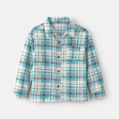 Boys Plaid Fleece Long-Sleeve Button-Down Shirt - Blue