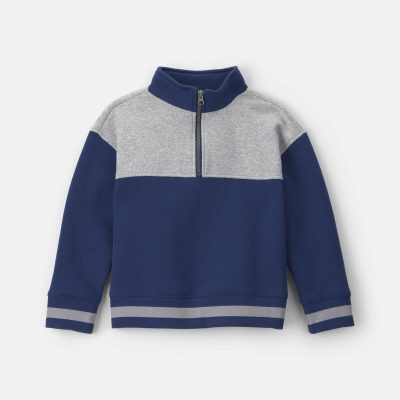 Boys Color Block Fleece Quarterzip Pullover Sweatshirt - Navy Blue/Grey