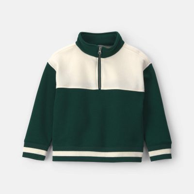 Boys Color Block Fleece Quarter-Zip Pullover Sweatshirt - Dark Green/Cream