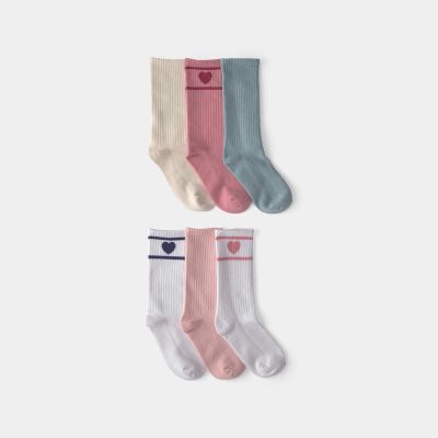 Girls 6-Pack Heart Varsity Stripe Crew Socks